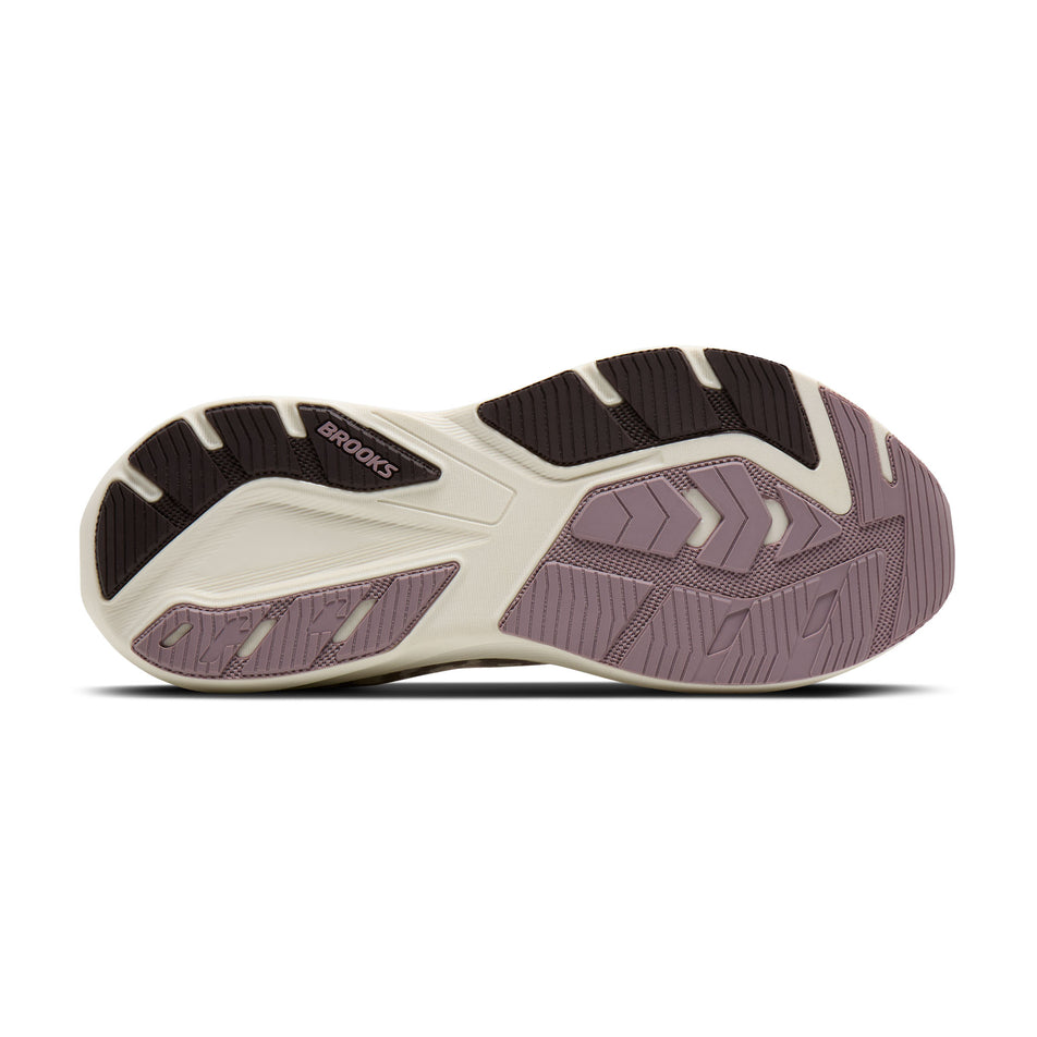 The outsole of the right shoe from a pair of Brooks Women's Ghost AMP Running Shoes in the Arctic Wolf/Dove/Pink colourway.