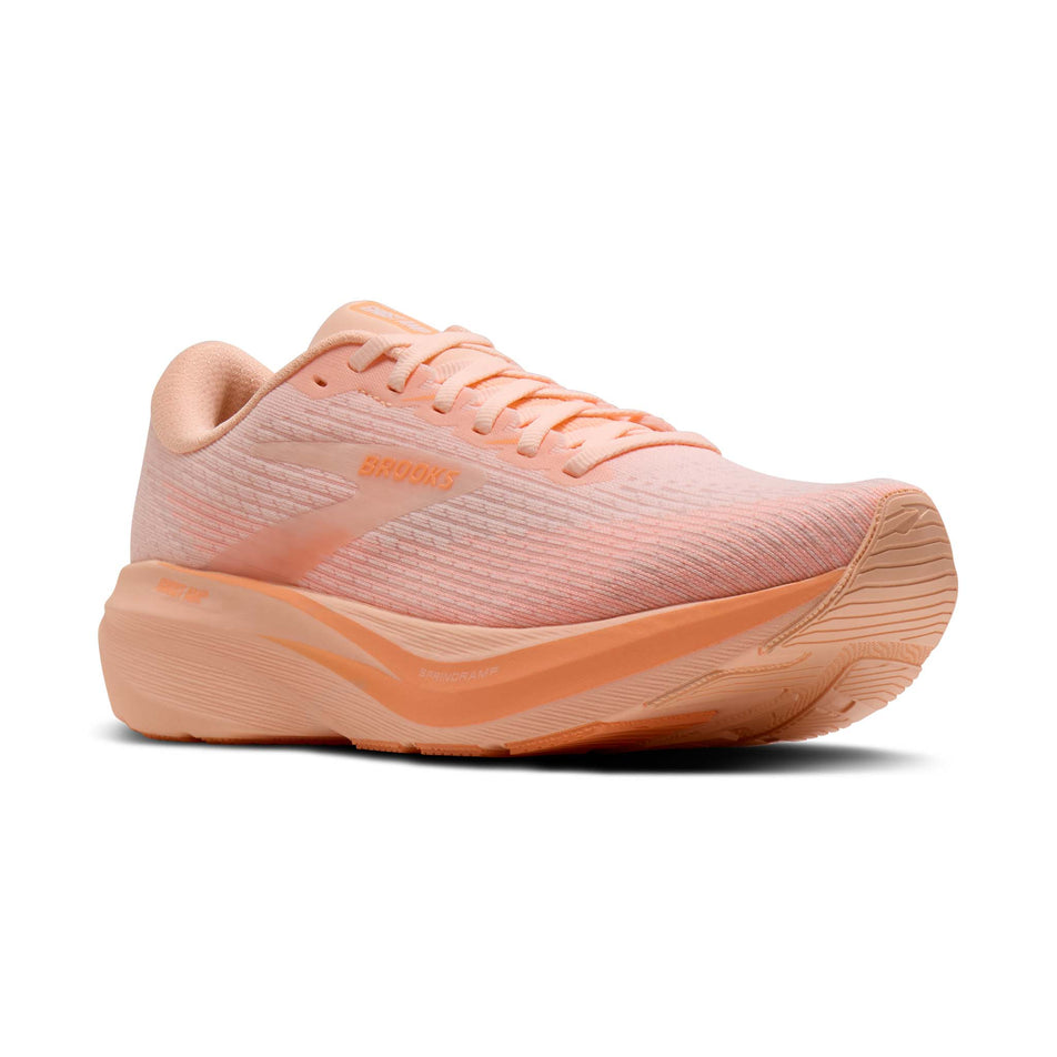 Lateral view of the right shoe from a pair of Brooks Women's Ghost AMP Running Shoes in the Peach/Peach/White colourway.