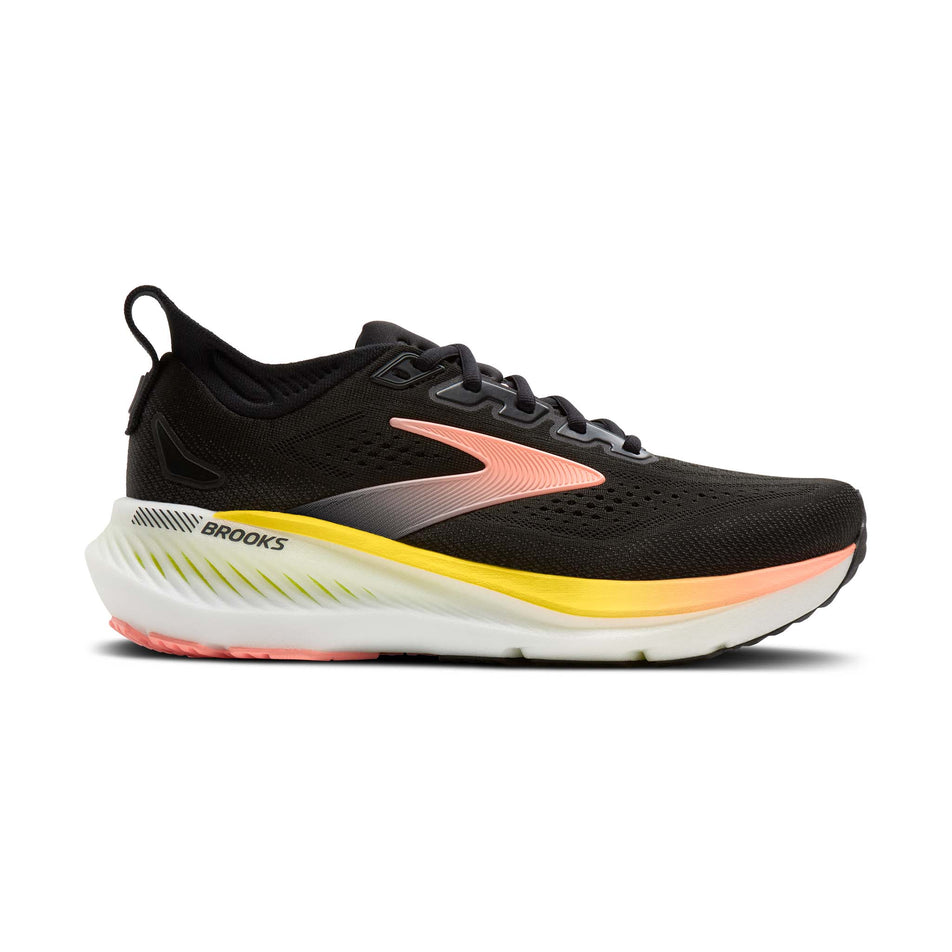 Lateral view of the right shoe from a pair of Brooks Women's Glycerin GTS 23 Running Shoes in the Black/Peach/Nightlife colourway.