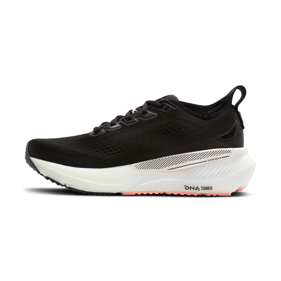 Medial view of the right shoe from a pair of Brooks Women's Glycerin GTS 23 Running Shoes in the Black/Peach/Nightlife colourway.
