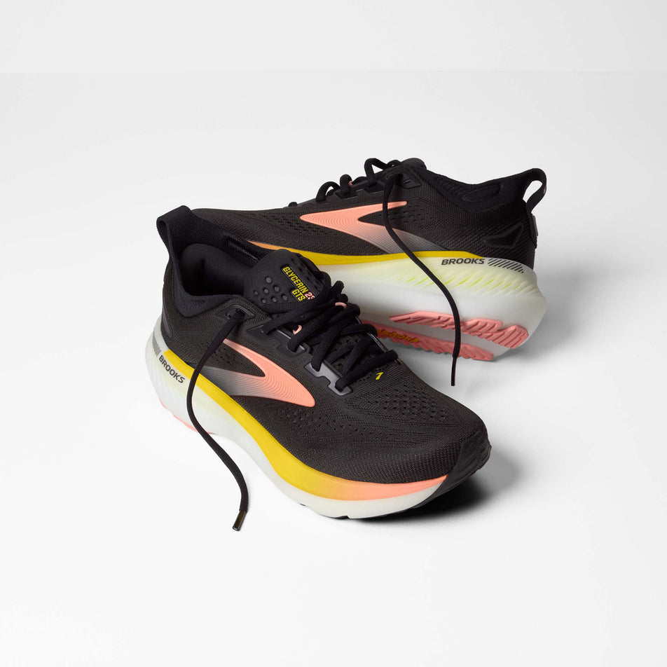 A pair of Brooks Women's Glycerin GTS 23 Running Shoes in the Black/Peach/Nightlife colourway.