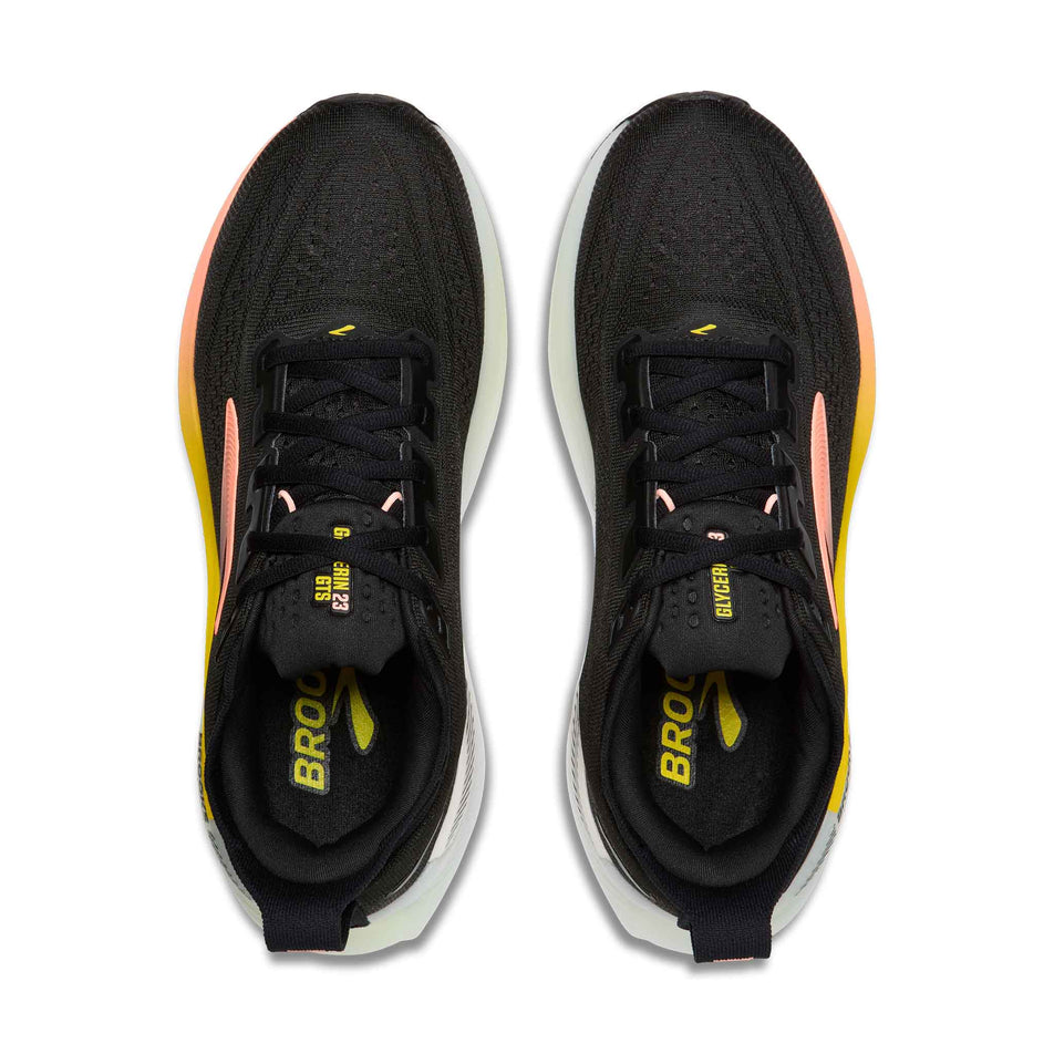 The uppers of a pair of Brooks Women's Glycerin GTS 23 Running Shoes in the Black/Peach/Nightlife colourway.