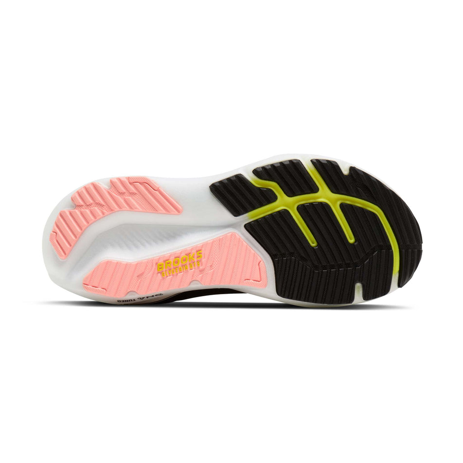 The outsole of the right shoe from a pair of Brooks Women's Glycerin GTS 23 Running Shoes in the Black/Peach/Nightlife colourway.