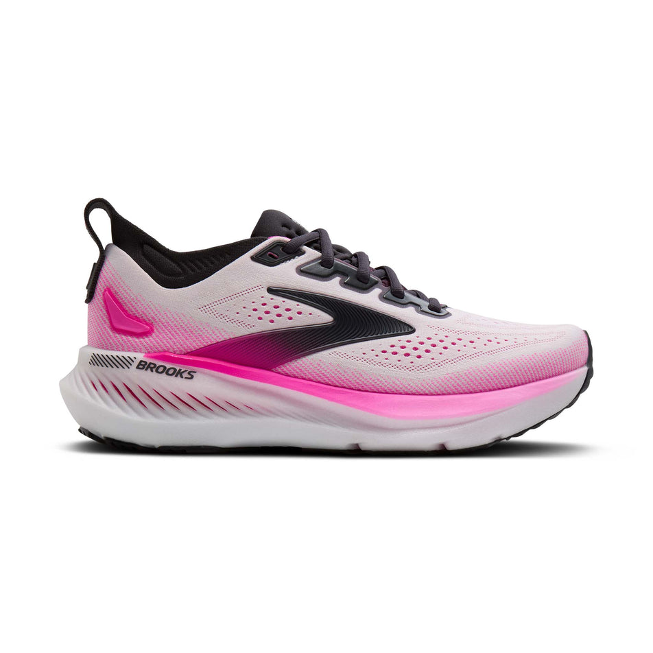 Lateral view of the right shoe from a pair of Brooks Women's Glycerin GTS 23 Running Shoes in the White/Phantom/Cyber Pink colourway. 