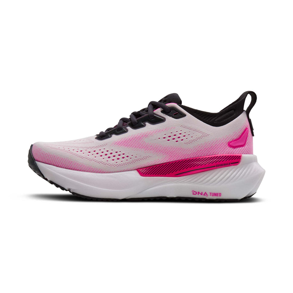 Medial view of the right shoe from a pair of Brooks Women's Glycerin GTS 23 Running Shoes in the White/Phantom/Cyber Pink colourway.