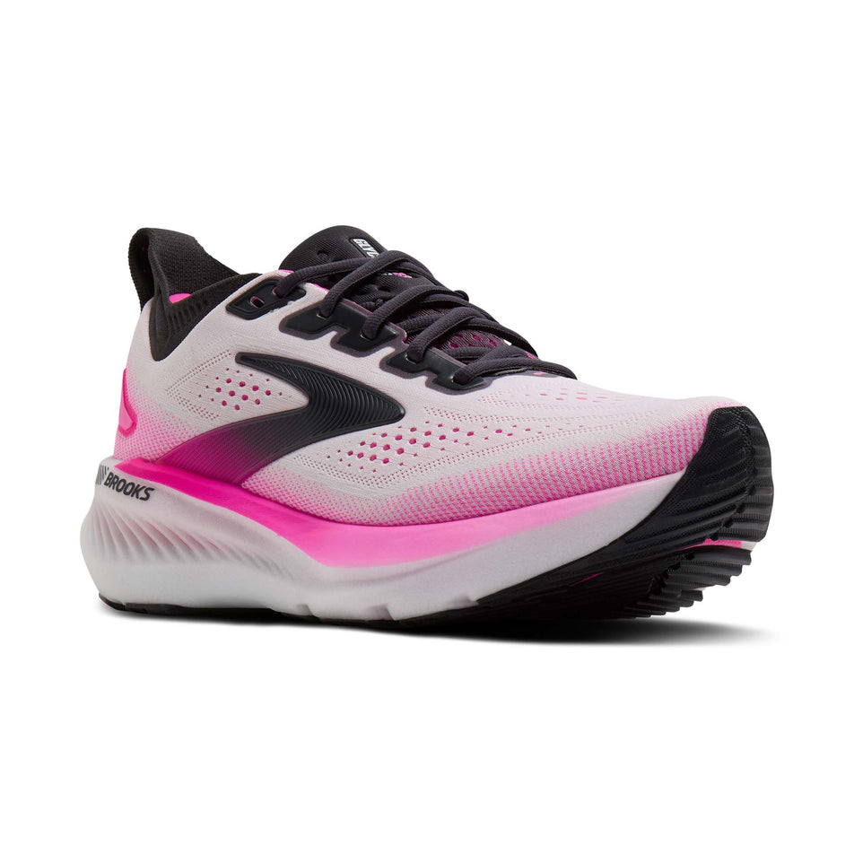 Lateral view of the right shoe from a pair of Brooks Women's Glycerin GTS 23 Running Shoes in the White/Phantom/Cyber Pink colourway.