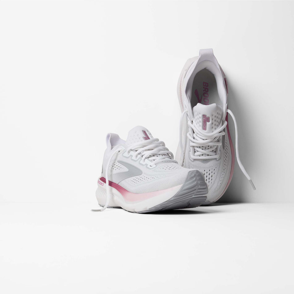 A pair of Brooks Women's Glycerin GTS 23 Running Shoes in the White/Harbor Mist/Metallic colourway.