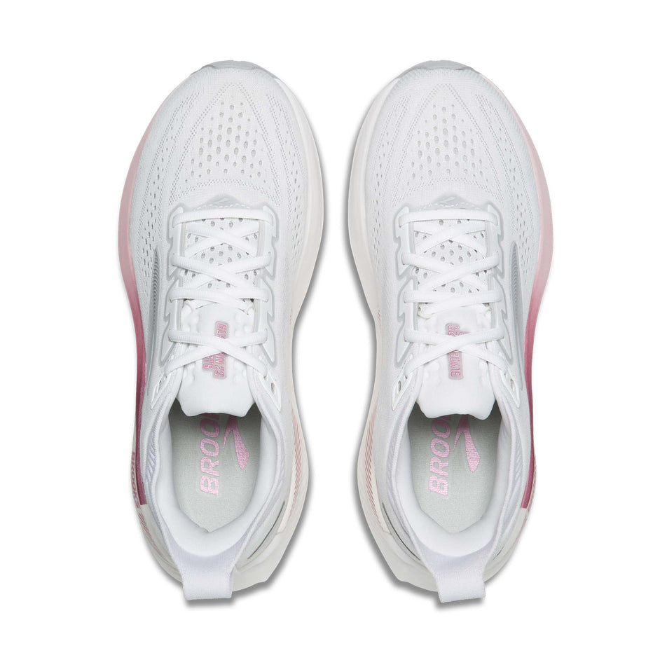The uppers of a pair of Brooks Women's Glycerin GTS 23 Running Shoes in the White/Harbor Mist/Metallic colourway.