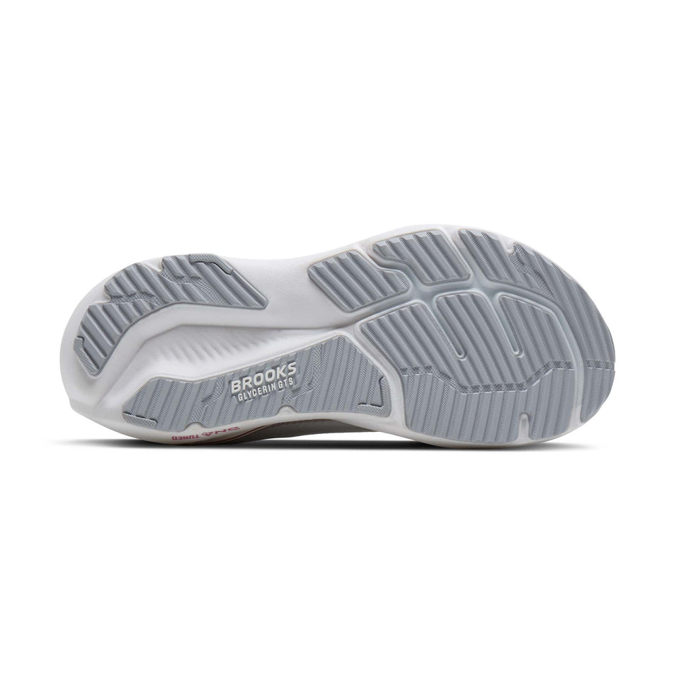 The outsole of the right shoe from a pair of Brooks Women's Glycerin GTS 23 Running Shoes in the White/Harbor Mist/Metallic colourway.