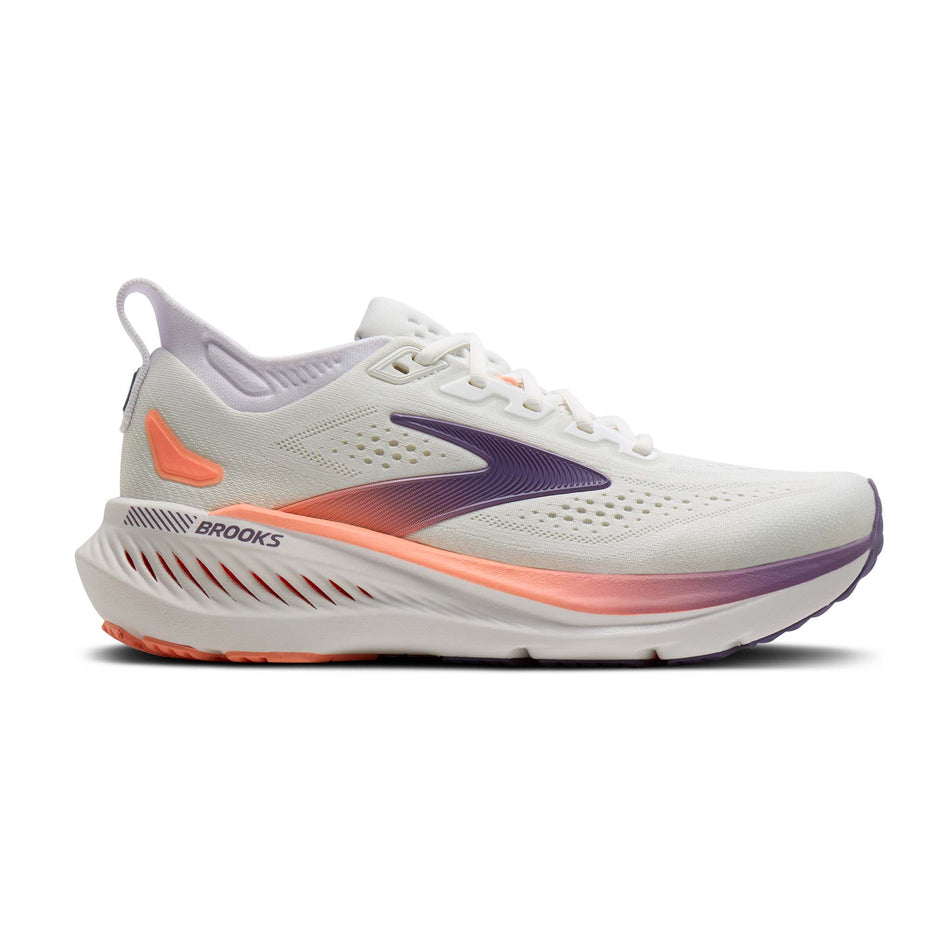 Lateral view of the right shoe from a pair of Brooks Women's Glycerin GTS 23 Running Shoes in the White/Mulled Grape/Clear colourway.