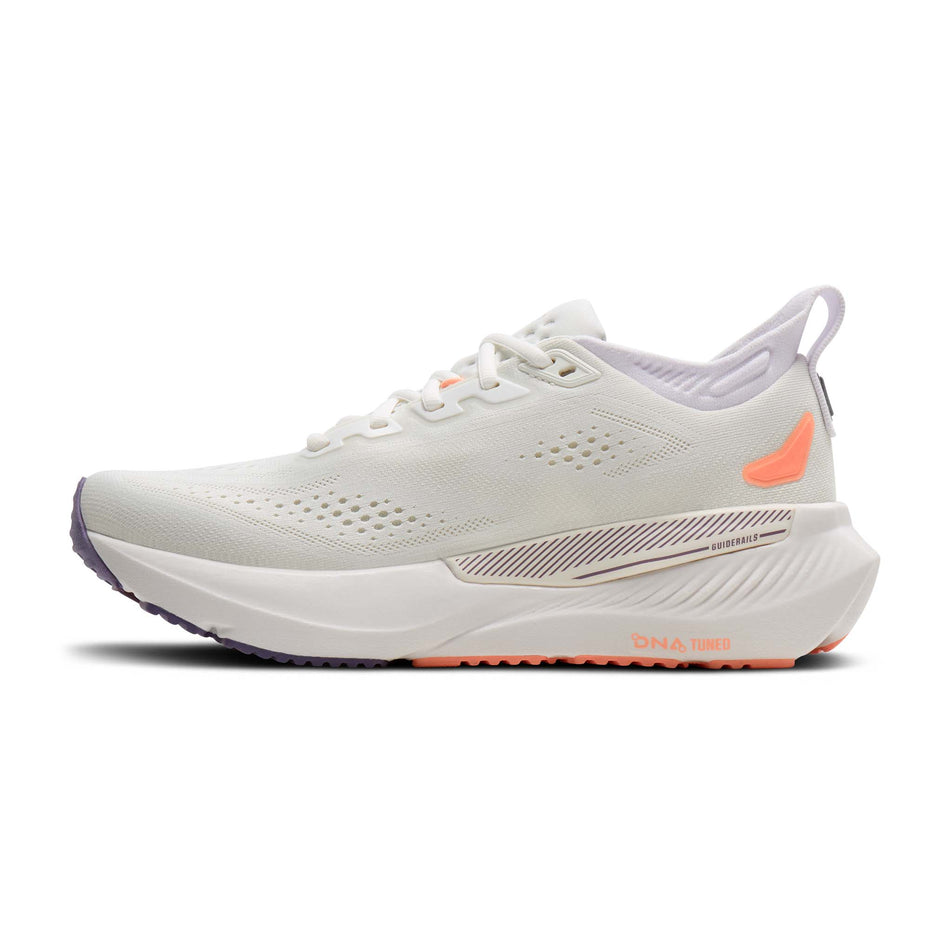 Medial view of the right shoe from a pair of Brooks Women's Glycerin GTS 23 Running Shoes in the White/Mulled Grape/Clear colourway.