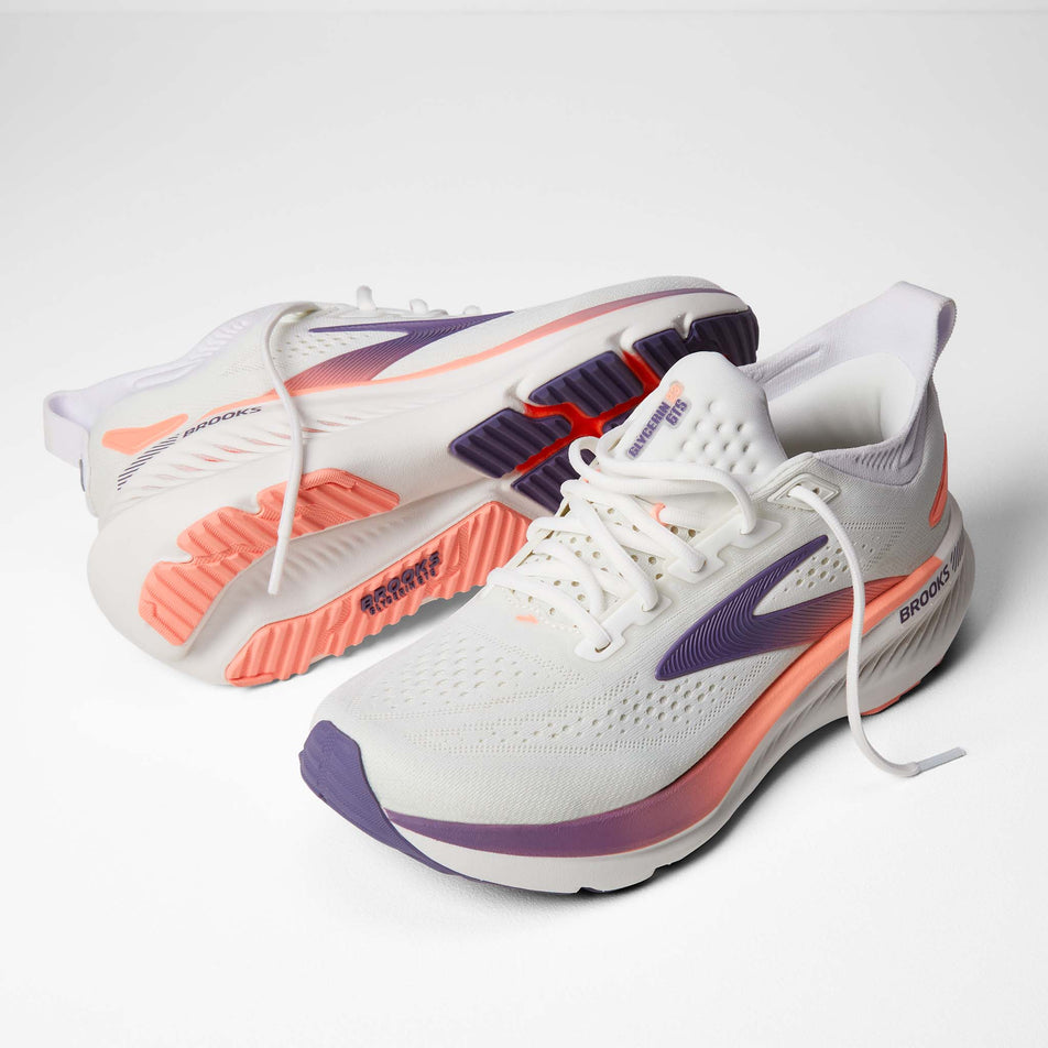 A pair of Brooks Women's Glycerin GTS 23 Running Shoes in the White/Mulled Grape/Clear colourway.