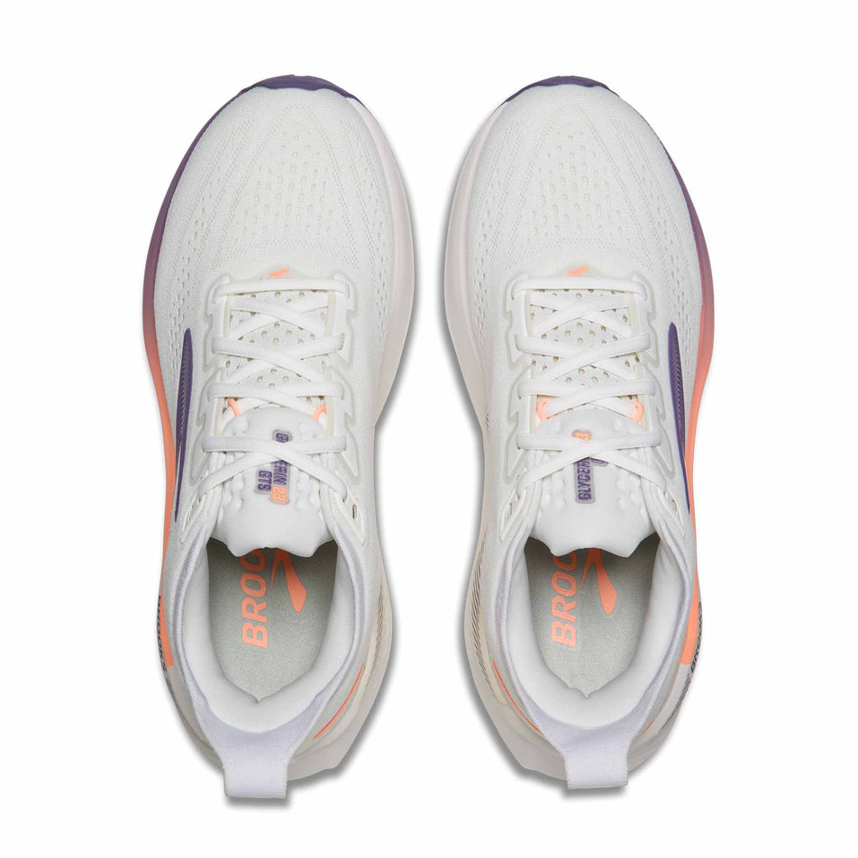 The uppers of a pair of Brooks Women's Glycerin GTS 23 Running Shoes in the White/Mulled Grape/Clear colourway.