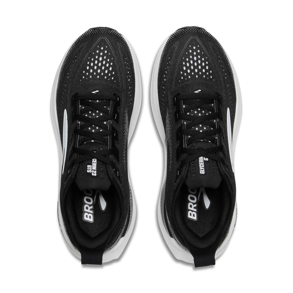 The uppers of a pair of Brooks Women's Glycerin GTS 23 1D Running Shoes in the Black/Grey/White colourway.
