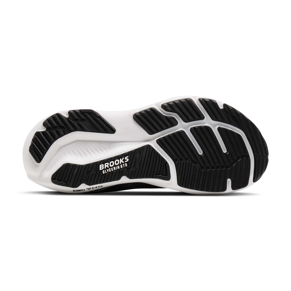 The outsole of the right shoe from a pair of Brooks Women's Glycerin GTS 23 1D Running Shoes in the Black/Grey/White colourway.