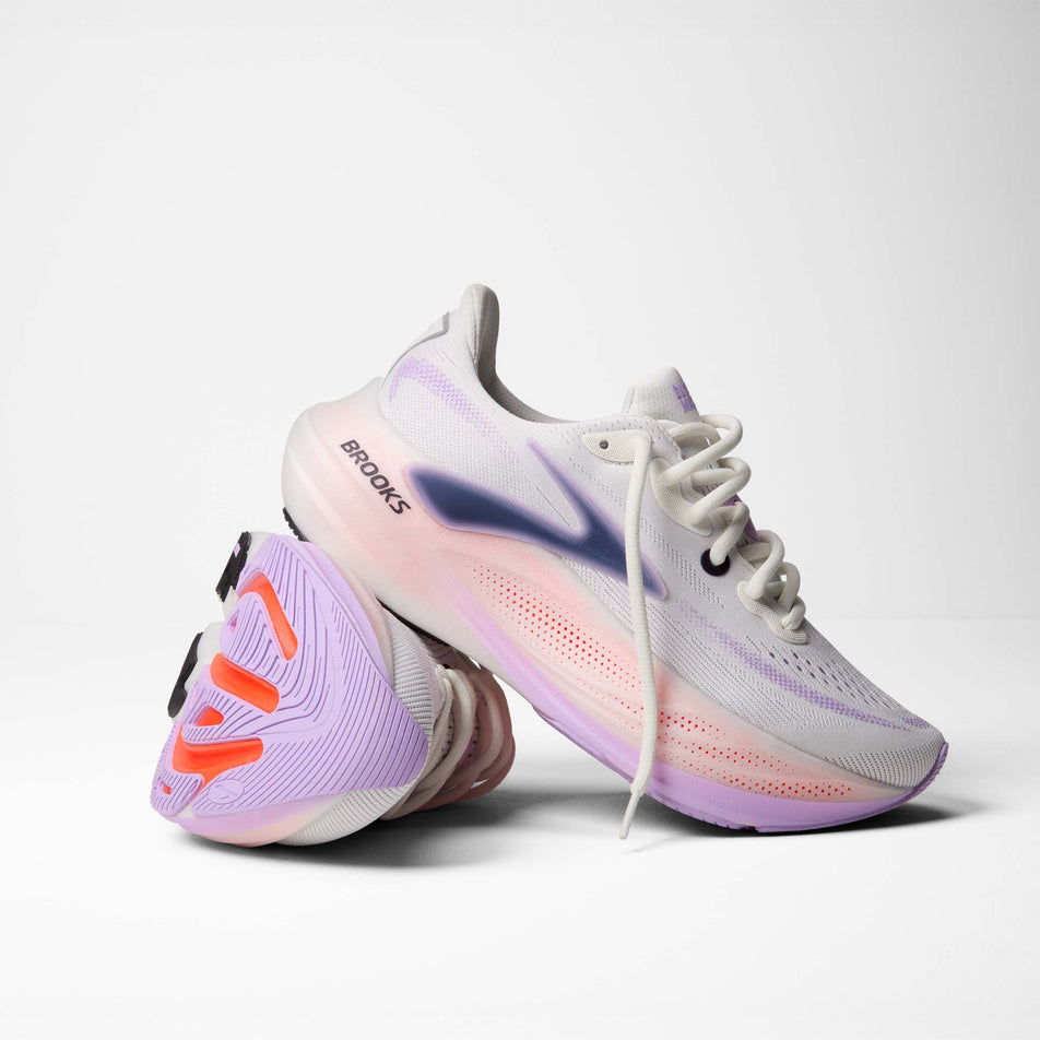 A pair of Brooks Women's Glycerin Max 3 Running Shoes in the White/Hyper Iris/Coral colourway.