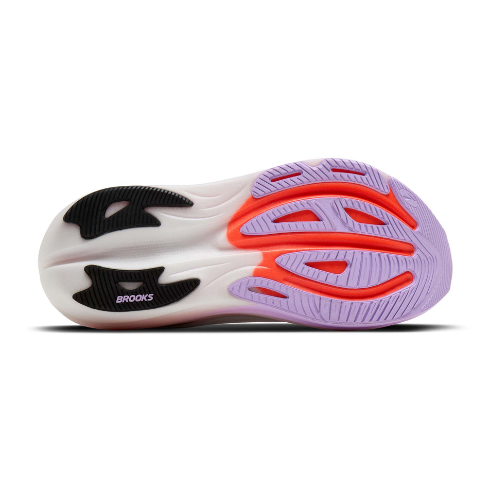 The outsole of the right shoe from a pair of Brooks Women's Glycerin Max 3 Running Shoes in the White/Hyper Iris/Coral colourway.