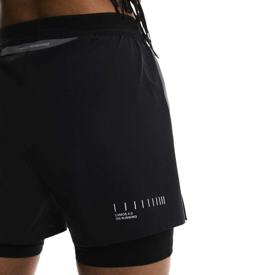 Back view of a model wearing the On Women's Performance Shorts Lumos in the Eclipse/Black colourway. (8790051815586)