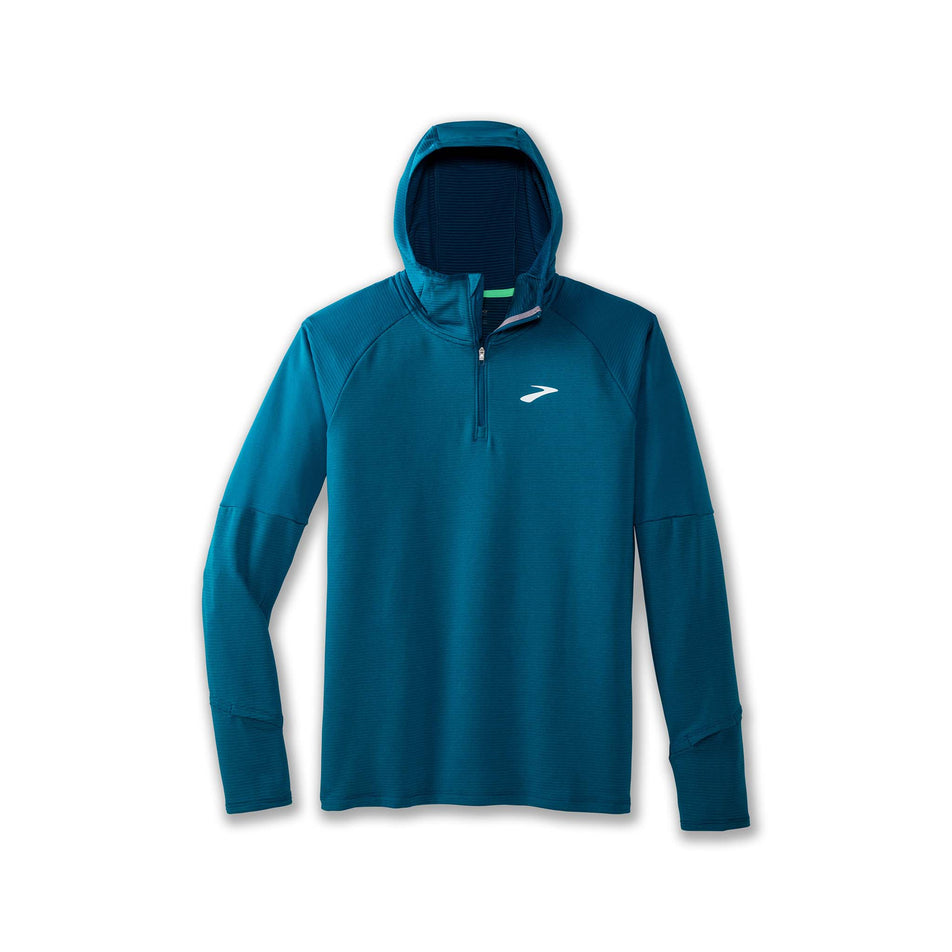 Front view of a Brooks Men's Notch Thermal Hoodie 2.0 in the Heather Dark Ocean/Dark Ocean colourway. (8007425589410)