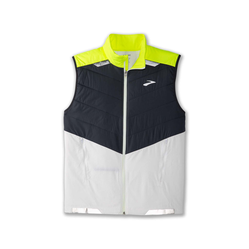 Front view of a Brooks Men's Run Visible Insulated Vest in the White/Asphalt/Nightlife colourway (8059815329954)