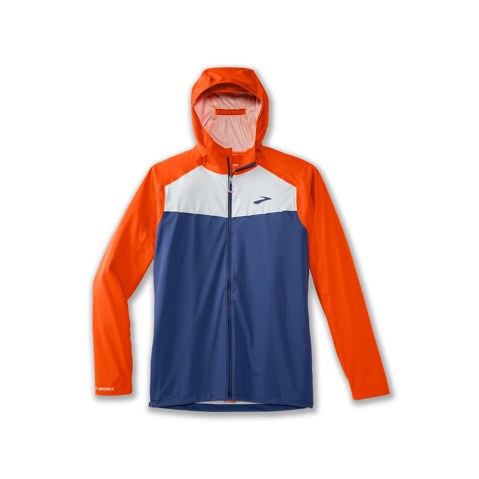 Front view of a Brooks Men's High Point Waterproof Jacket in the Aegean/Bright Orange/Lt Slate colourway (8037731270818)