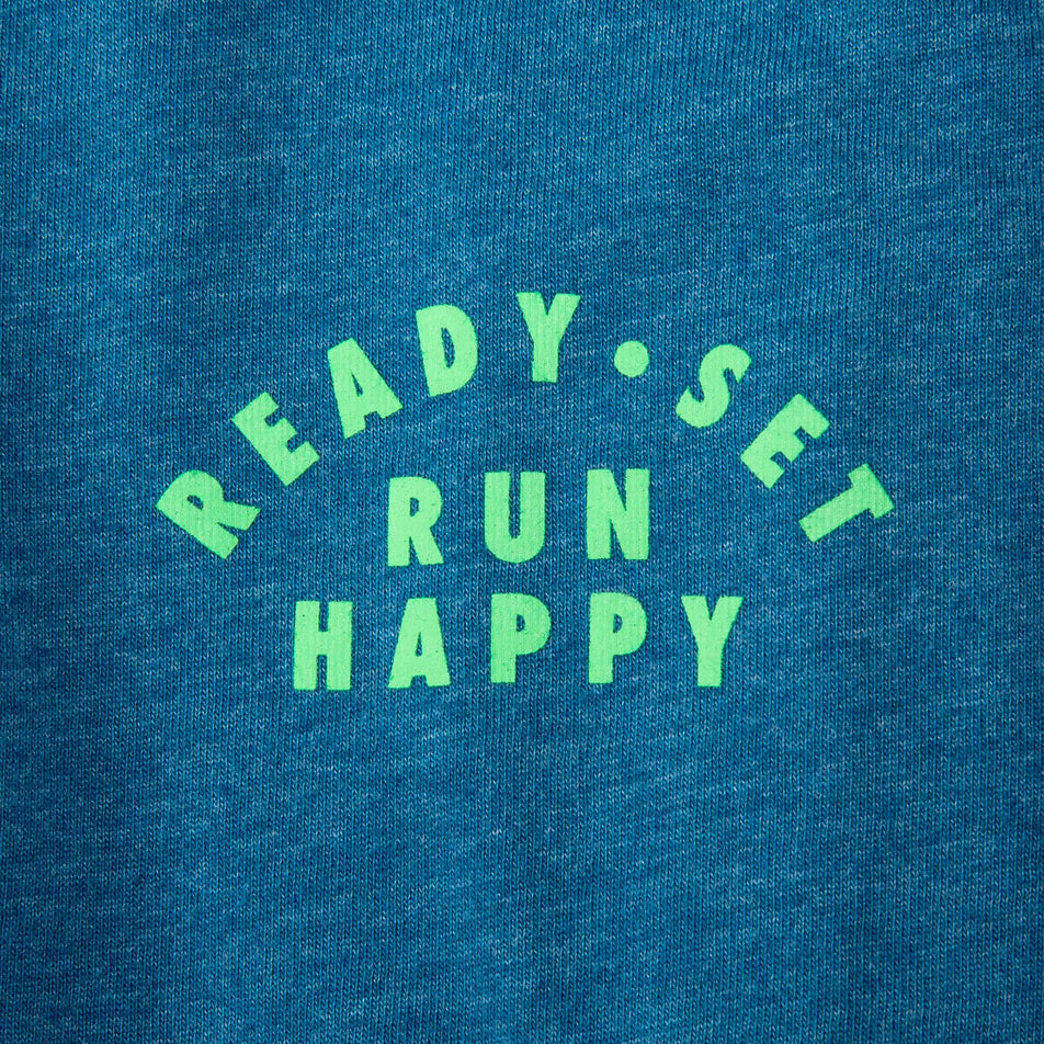 The Ready Set Run Happy callout on the front of a Brooks Men's Distance Short Sleeve 2.0 Running T-shirt in the Heather Dark Ocean/Ready Set Run Happy colourway (8007464091810)