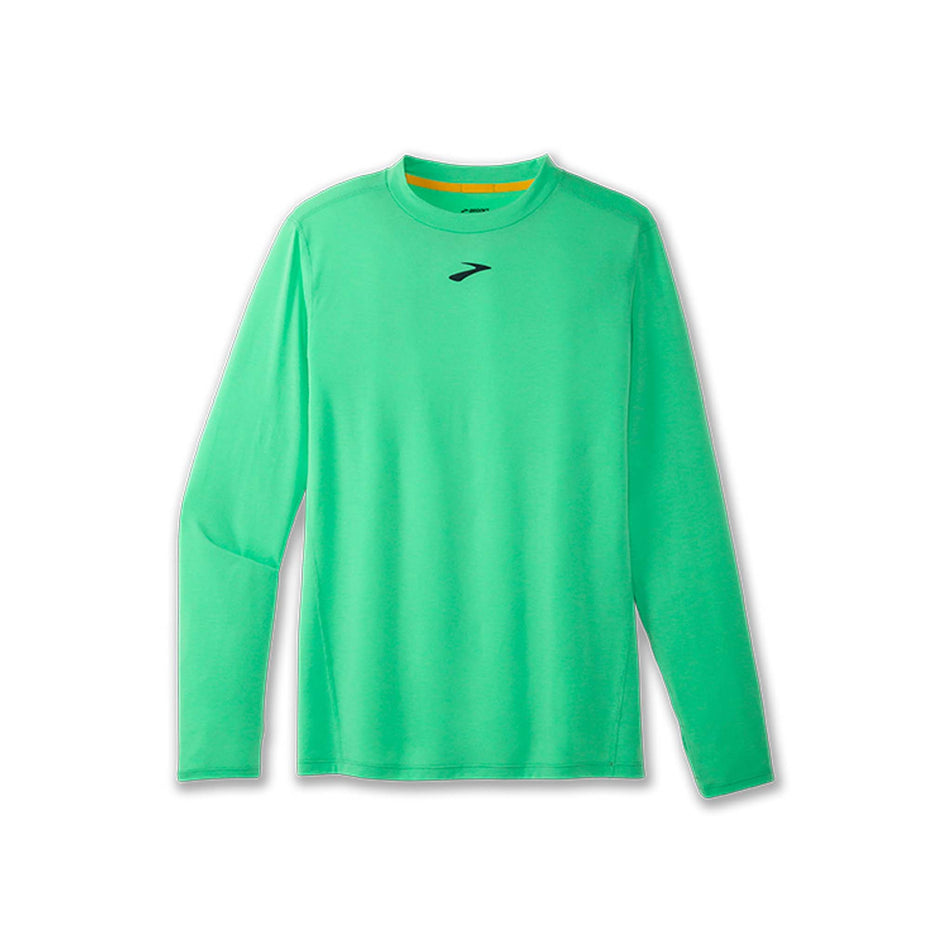Front view of a Brooks Men's High Point Long Sleeve Top in the Hyper Green colourway.  (8177411260578)