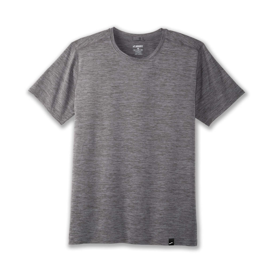 Front view of a Brooks Men's Luxe Short Sleeve in the Heather Charcoal colourway. (8177449074850)