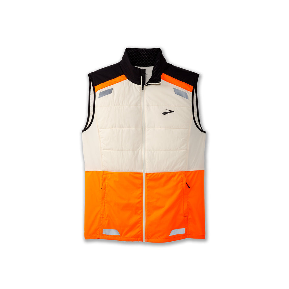Front view of the Brooks Men's Run Visible Insulated Vest 2.0 in the Ecru/Fluoro Flash/Black colourway. (8778447224994)