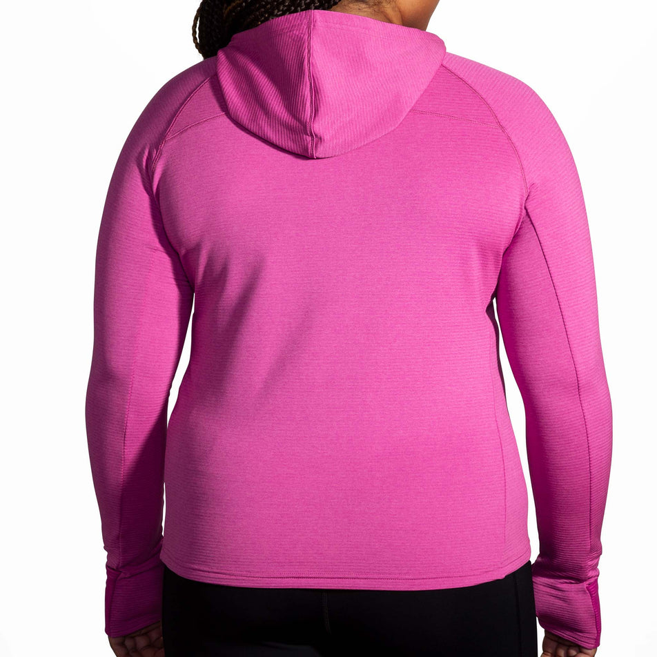 Back view of a model wearing a Brooks Women's Notch Thermal Hoodie 2.0 in the Heather Frosted Mauve colourway (8007496007842)