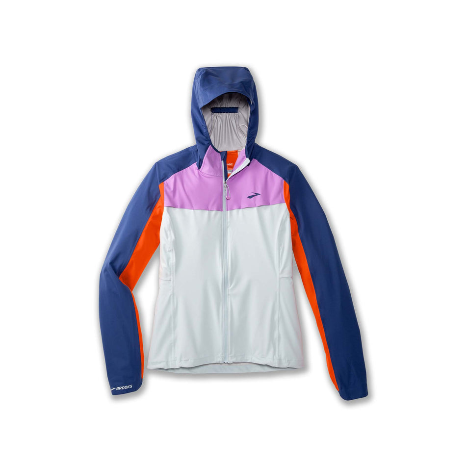Front view of a Brooks Women's High Point Waterproof Jacket in the Lt Slate/Bright Orange/Aegean colourway (8037744771234)