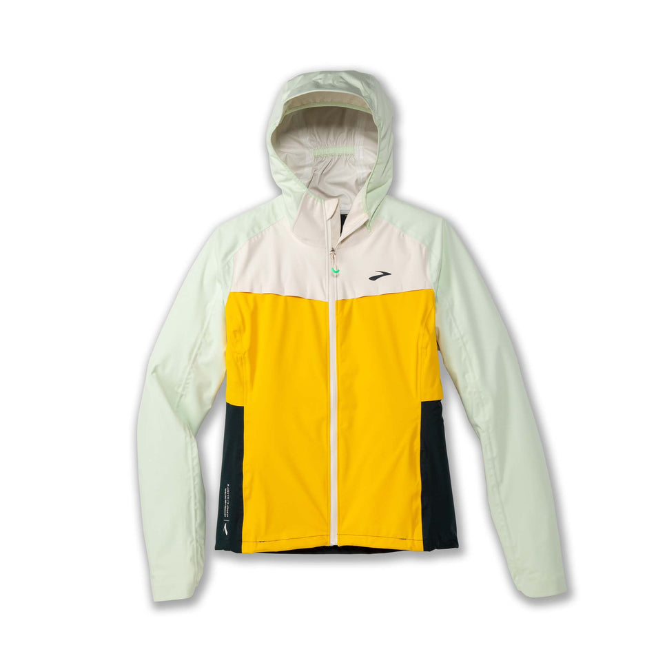 Front view of a Brooks Women's High Point Waterproof Jacket in the Lemon/Ecru/Glacier Green colourway. (8177453367458)