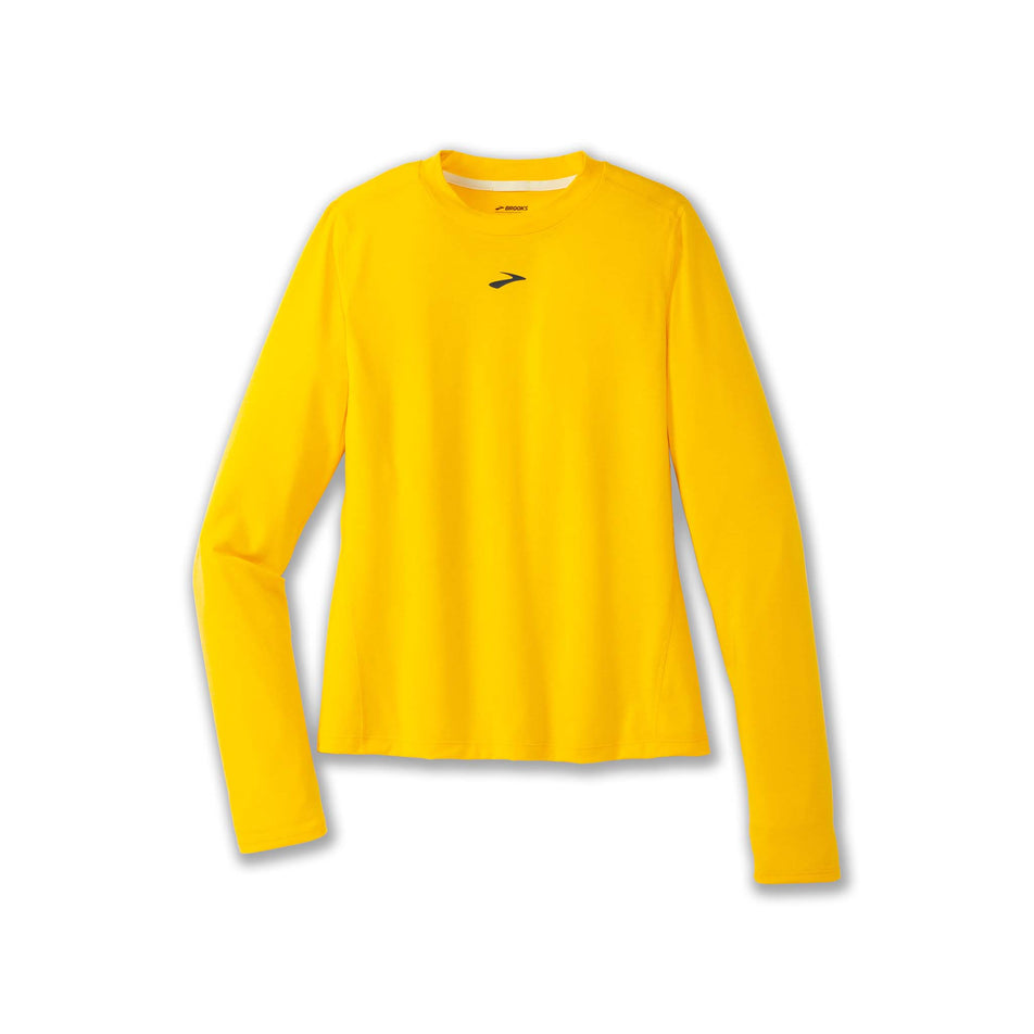 Front view of a Brooks Women's High Point Long Sleeve Top in the Lemon Chrome colourway. (8177458249890)