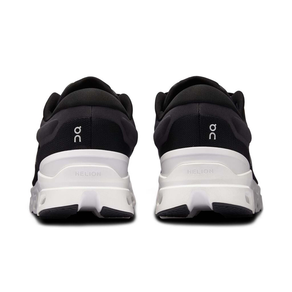 The back of a pair of On Men's Cloudstratus 3 Running Shoes in the Black/Frost colourway (8002668462242)