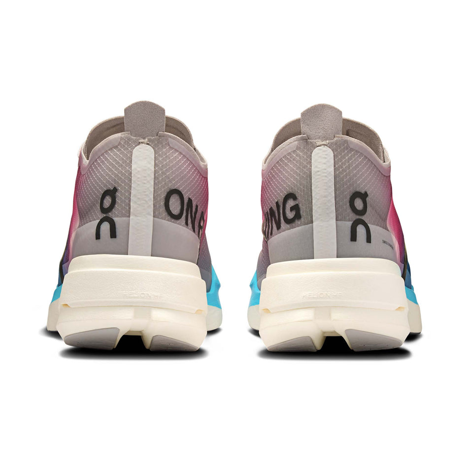 The back of a pair of On Men's Cloudboom Strike Running Shoes in the White/Horizon colourway. (8714451910818)
