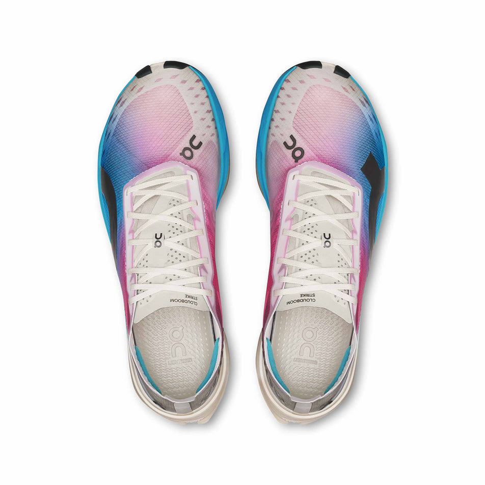 The uppers of a pair of On Men's Cloudboom Strike Running Shoes in the White/Horizon colourway. (8714451910818)