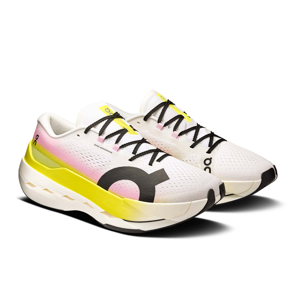 A pair of On Men's Cloudboom Max Running Shoes in the Lime/Raspberry  colourway. (8746021683362)