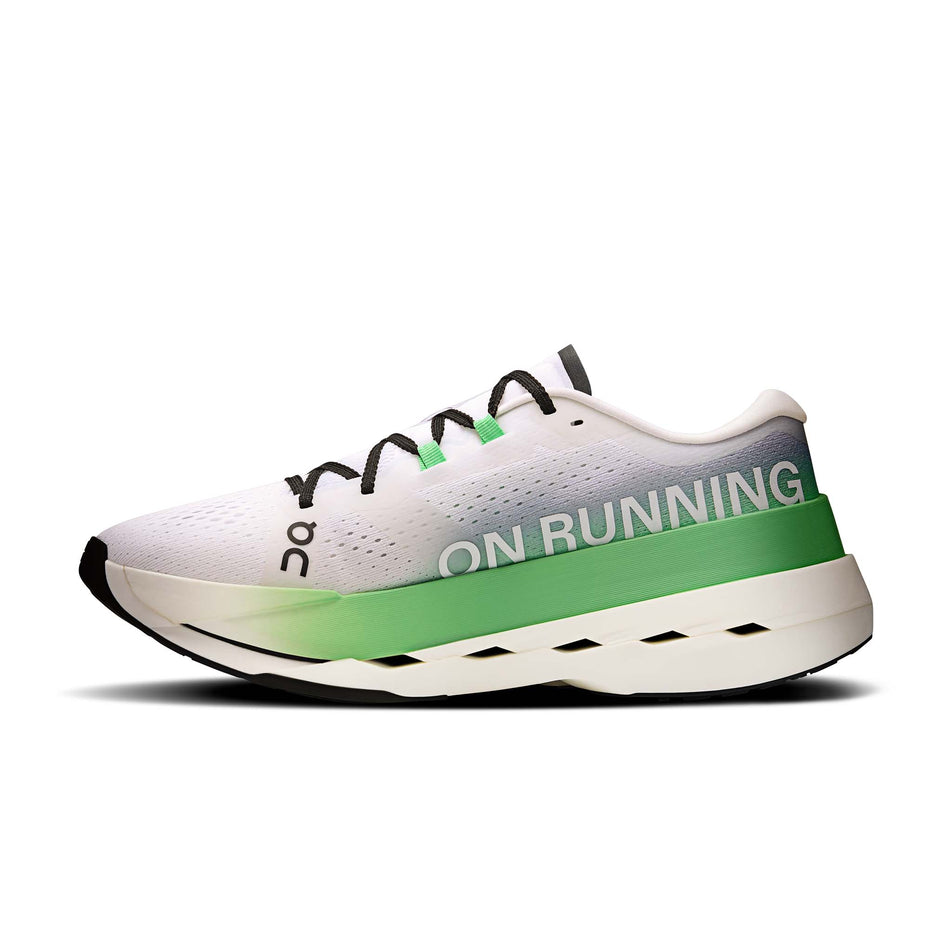 Medial view of the right shoe from a pair of On Men's Cloudboom Max Running Shoes in the Honeydrew/Lilac colourway. (8714482647202)