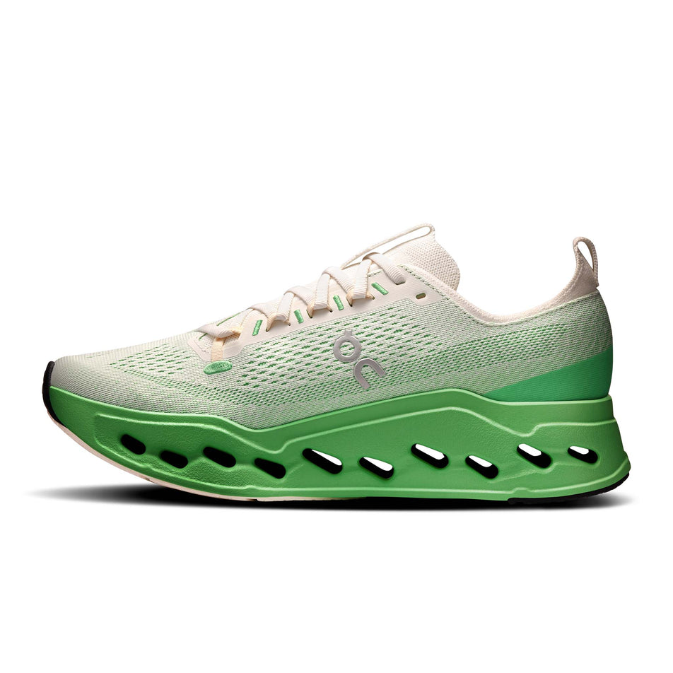 Medial view of the right shoe from a pair of On Men's Cloudsurfer Max Running Shoes in the Ivory/Honeydew colourway. (8714490314914)