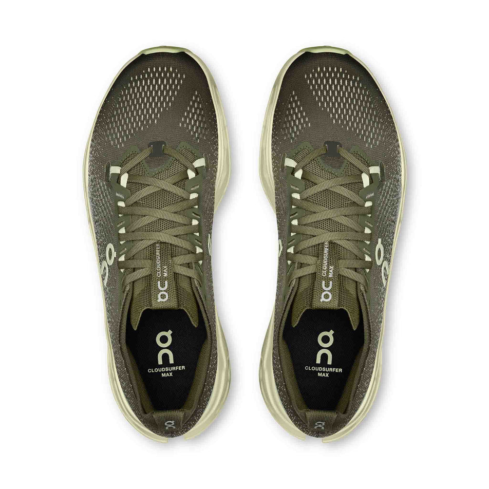 The uppers of a pair of On Men's Cloudsurfer Max Running Shoes in the Olive/Seedling colourway. 