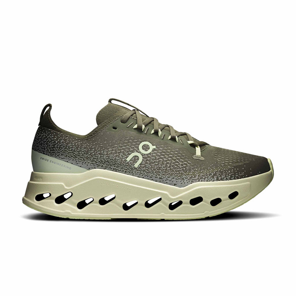 Lateral view of the right shoe from a pair of On Men's Cloudsurfer Max Running Shoes in the Olive/Seedling colourway. 
