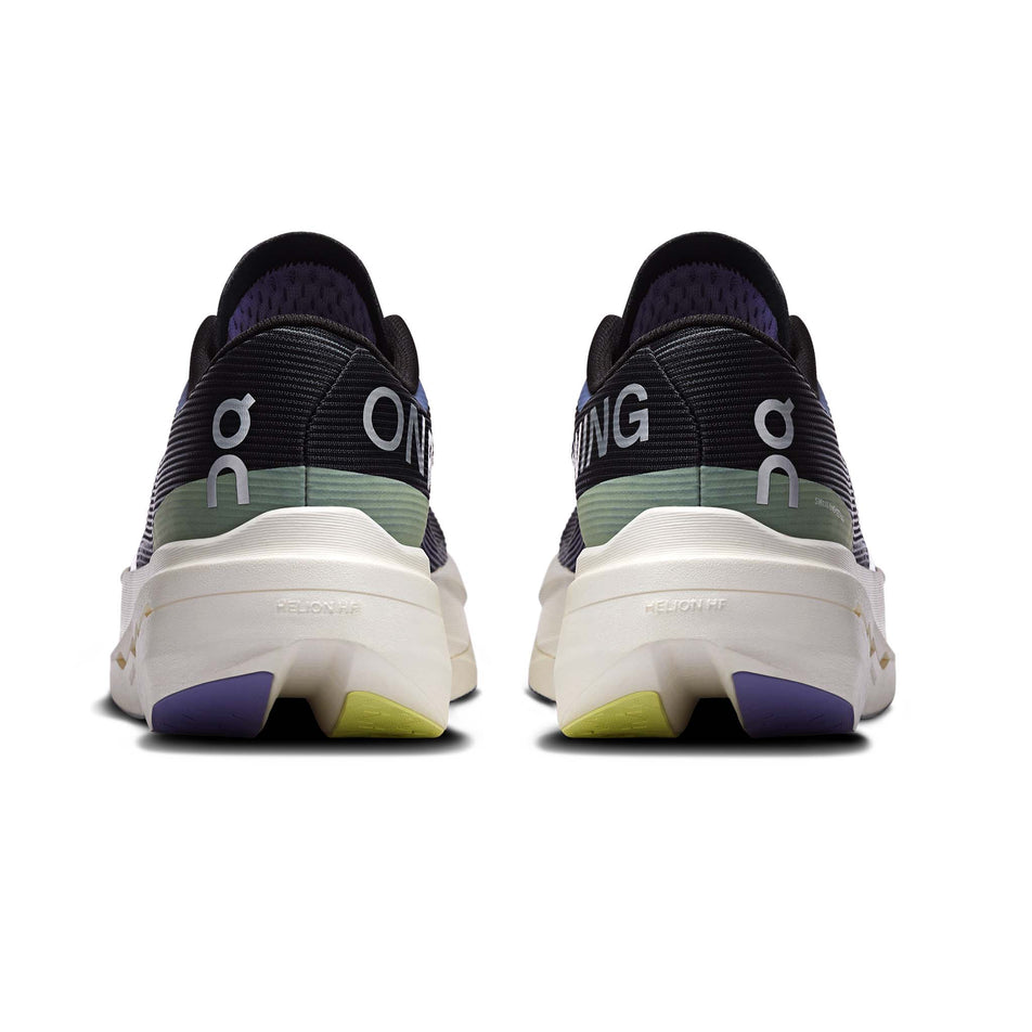 The back of a pair of On Men's Cloudboom Volt Running Shoes in the Black/Juniper colourway.