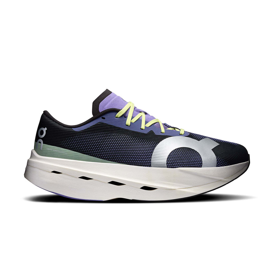Lateral view of the right shoe from a pair of On Men's Cloudboom Volt Running Shoes in the Black/Juniper colourway.