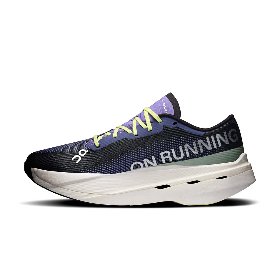 Medial view of the right shoe from a pair of On Men's Cloudboom Volt Running Shoes in the Black/Juniper colourway.