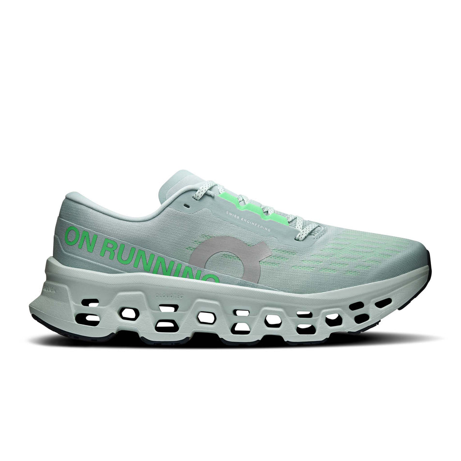 Lateral view of the right shoe from a pair of On Men's Cloudmonster 3 Running Shoes in the Brook/Flurry colourway.