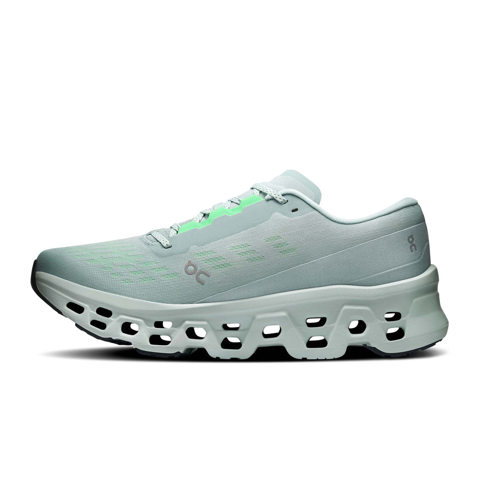Medial view of the right shoe from a pair of On Men's Cloudmonster 3 Running Shoes in the Brook/Flurry colourway.