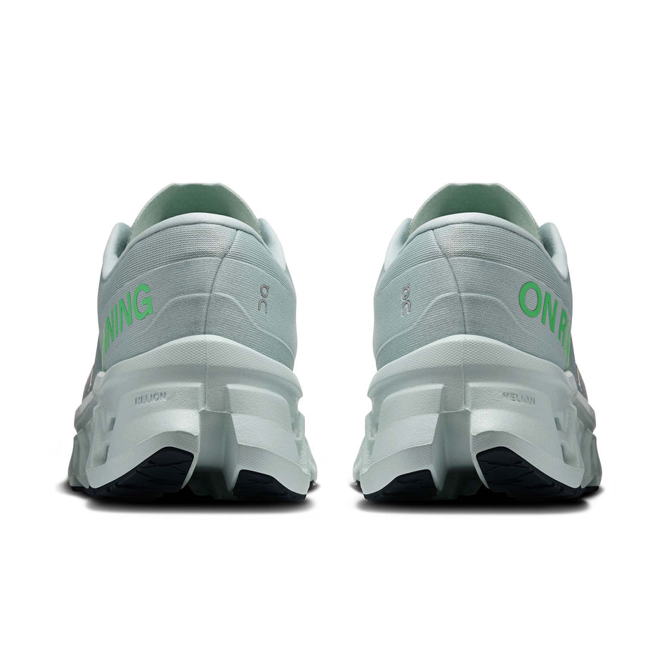 The back of a pair of On Men's Cloudmonster 3 Running Shoes in the Brook/Flurry colourway.