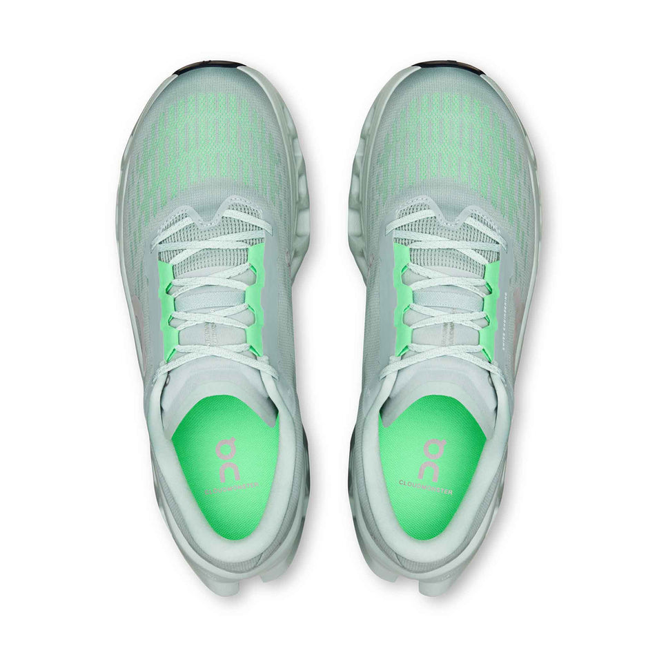 The uppers of a pair of On Men's Cloudmonster 3 Running Shoes in the Brook/Flurry colourway.