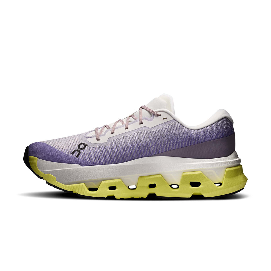 Medial view of the right shoe from a pair of On Men's Cloudmonster 3 Hyper Running Shoes in the Lily/Limelight colourway.