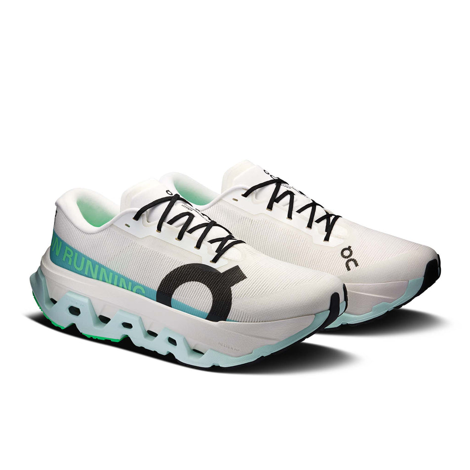 A pair of On Men's Cloudmonster 3 Hyper Running Shoes in the Ivory/Flurry colourway.